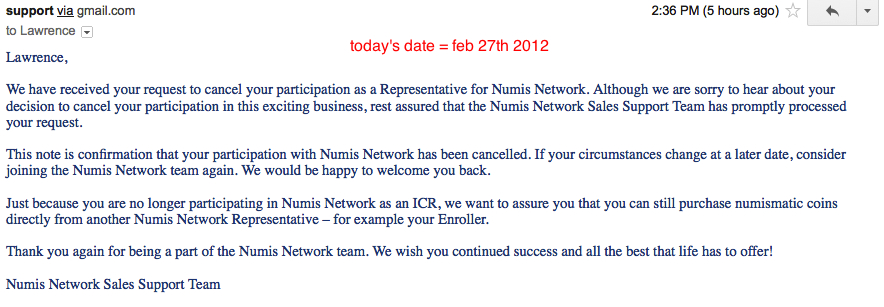 leaving numis network email